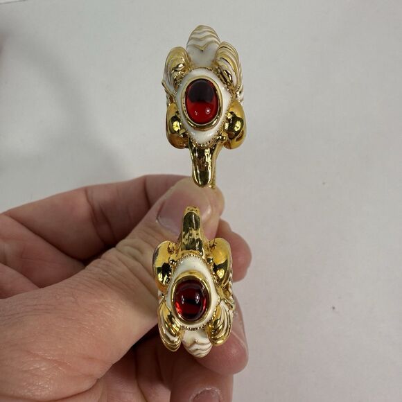 Kenneth Jay Lane, Enamel White Red Jeweled Double Ram Head Bracelet - Picture 2 of 16